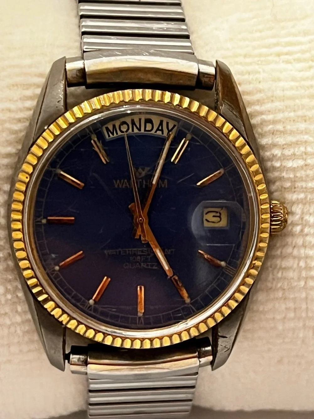 Waltham: Vintage Day/Date Watch Blue Face: Scratched Crystal- See Pics New Batt